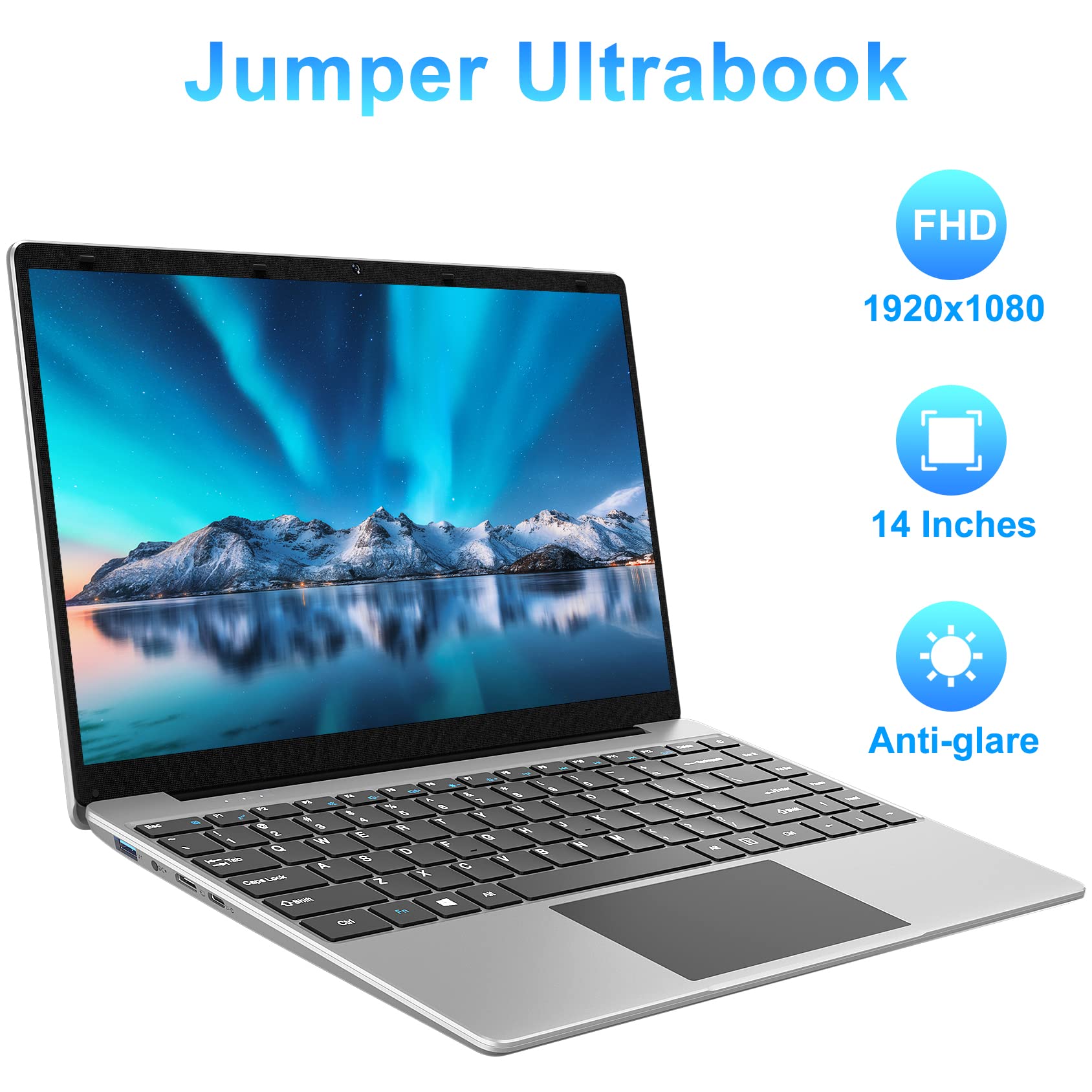 jumper Laptop 12GB DDR4 256GB SSD, Intel Celeron Quad Core CPU, Lightweight Computer with 14 Inch Full HD Display, Windows 11 Laptops, Dual Speakers, 2.4/5.0G WiFi, 35.52WH Battery, USB3.0, Type-C.