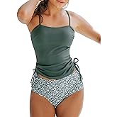 CUPSHE Women's Tankini Set Two Piece Swimsuit Ruched Drawstring Bathing Suits with High Waisted Bottom Rib