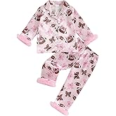 Kavousa Toddler Little Girl Satin Pajama Set Strawberry Flower Long Sleeve Top Long Pants Nightgowns Sleepwear, Pack of 2