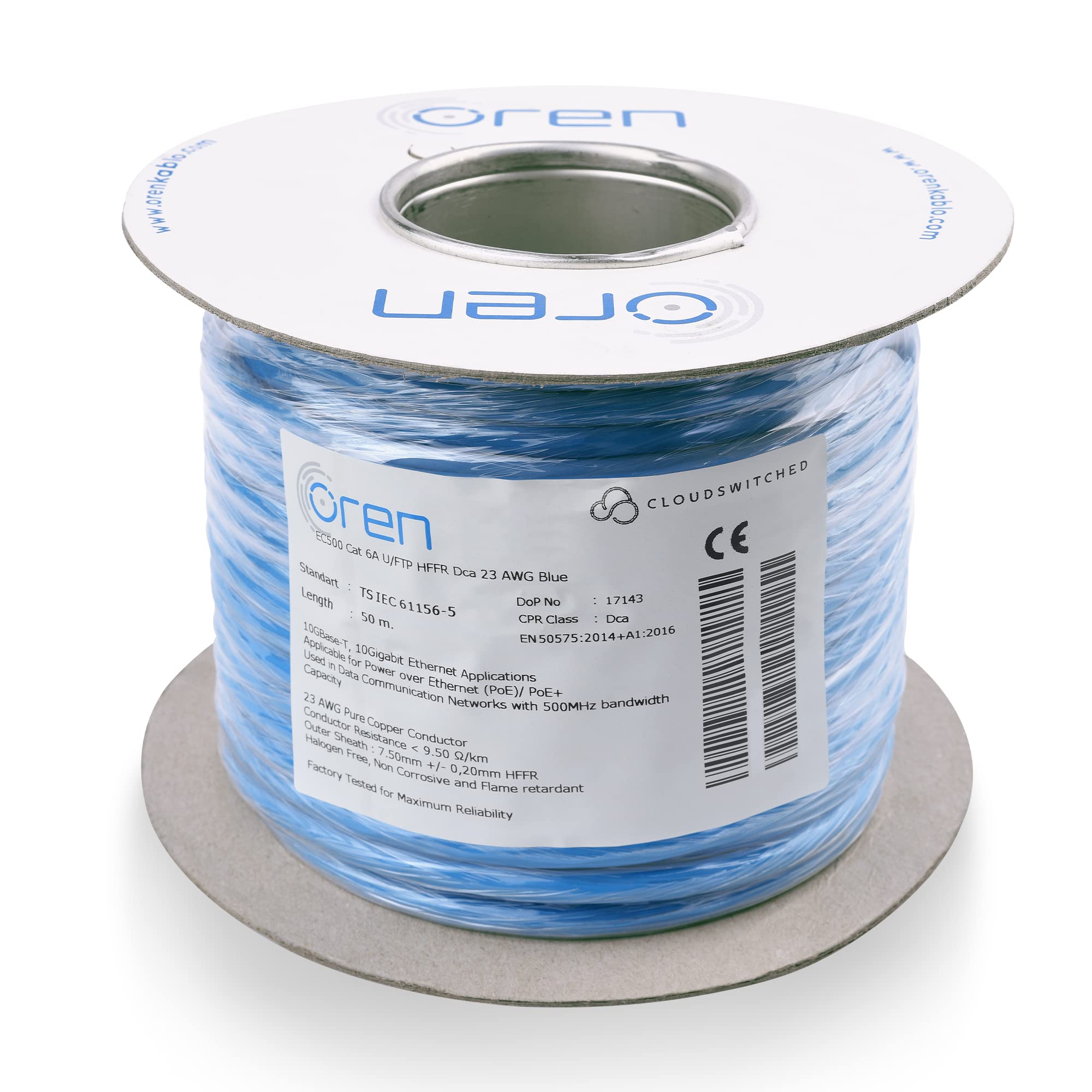 Oren CAT6A Ethernet Cable - 50m, 23 AWG Pure Copper Wire - 500 MHz Bandwidth, U/FTP, 10GbE High Speed