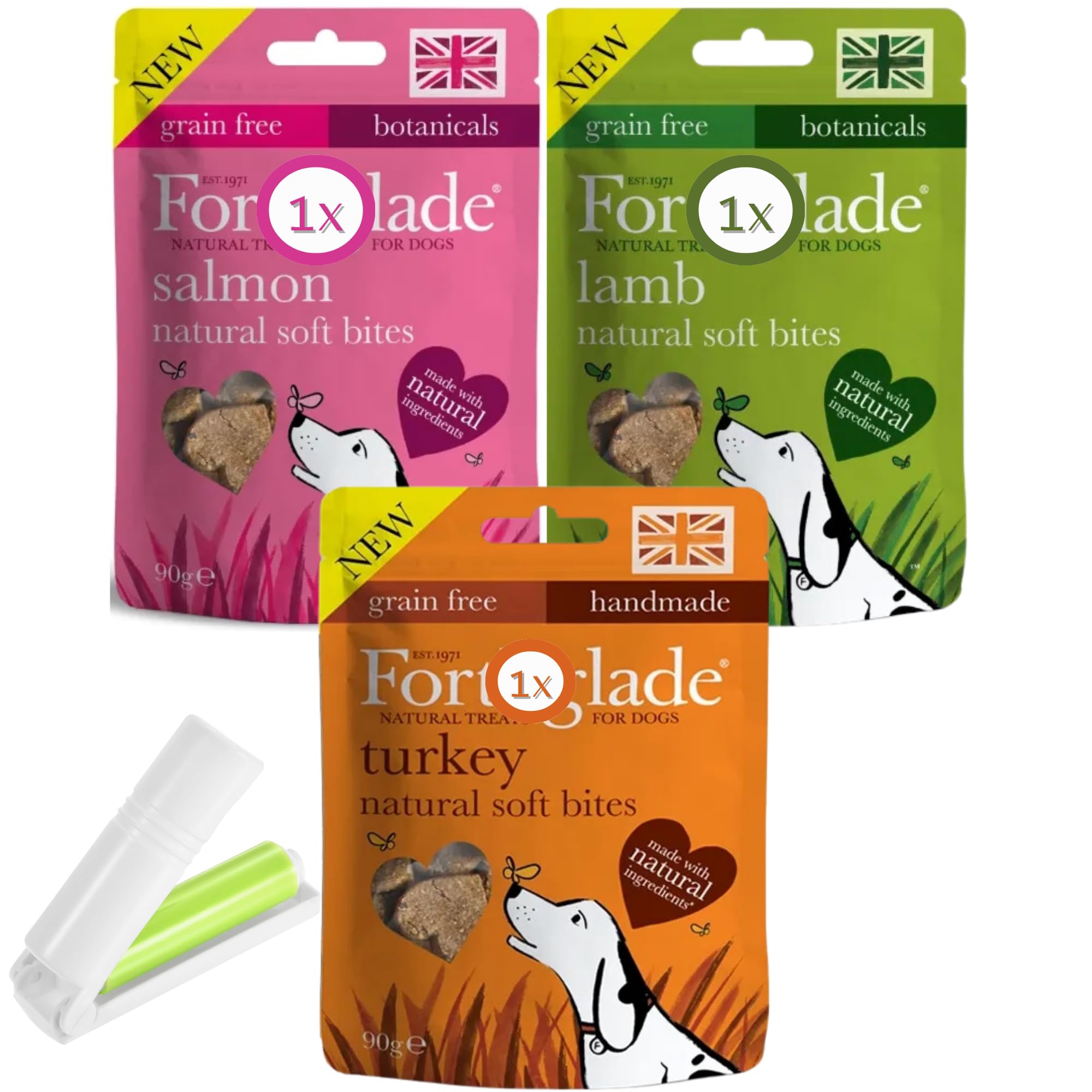 Dog Training Treats Bundle With Natural Soft Bites (Lamb, Salmon and Turkey Total 90gram x3) plus UbiPet Lint Roller