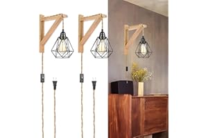 FRIDEKO HOME Frideko Wood Plug in Wall Sconces Set of Two, Hanging Lamps That Plug into Wall Outlet, Farmhouse Wall Light Fixtures with 8.21FT On/Off Switch Cord, Indoor Rustic Wall Lamp for Bedroom Living Room