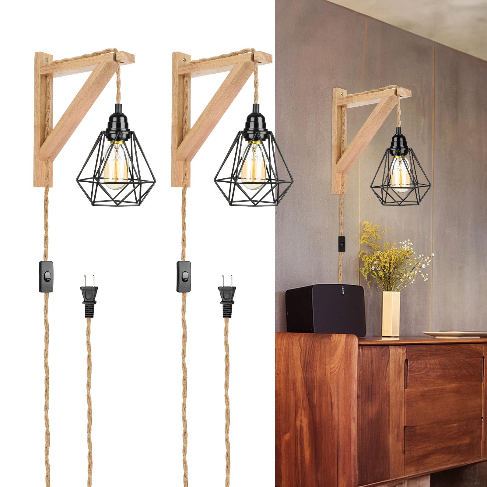 Photo 1 of Frideko Wood Plug in Wall Sconces Set of Two, Hanging Lamps That Plug into Wall Outlet, Farmhouse Wall Light Fixtures with 8.21FT On/Off Switch Cord, Indoor Rustic Wall Lamp for Bedroom Living Room