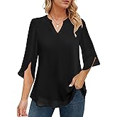 joyliveCY Women's 3/4 Sleeve Chiffon Blouses for Women Dressy Casual, V Neck Double Layers Chiffon Blouses 2025, Tunic Tops