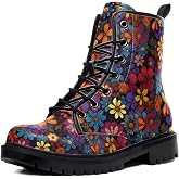 Maimeili Women Printed Ankle Boots with Flower Dragon Graffiti Pattern Cookie Stylish Floral Platform Lace-up Leather Combat Booties Casual Everyday Party Halloween Christmas
