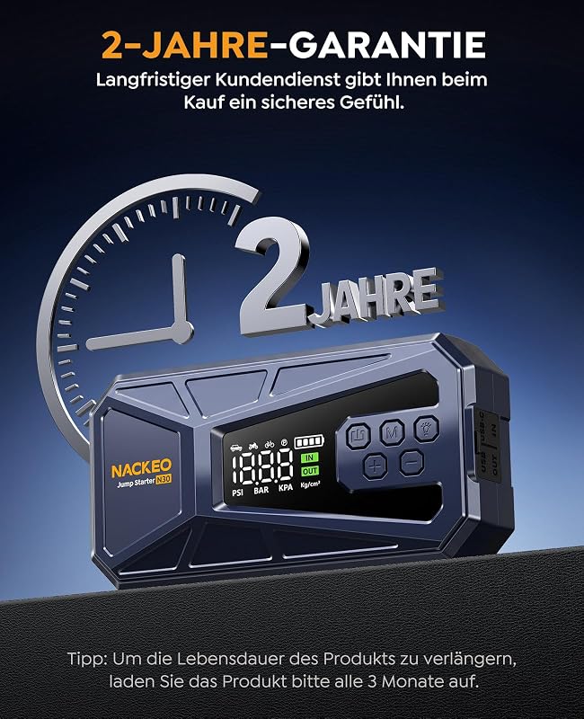 8000A Starthilfe Powerbank mit Kompressor 160 PSI, 12V Auto Starthilfe Powerbank für alle Benzinmotoren und bis zu 12,0L Dieselmotoren, tragbares Starthilfegerät mit 600LM LED-Licht & Starthilfekabeln