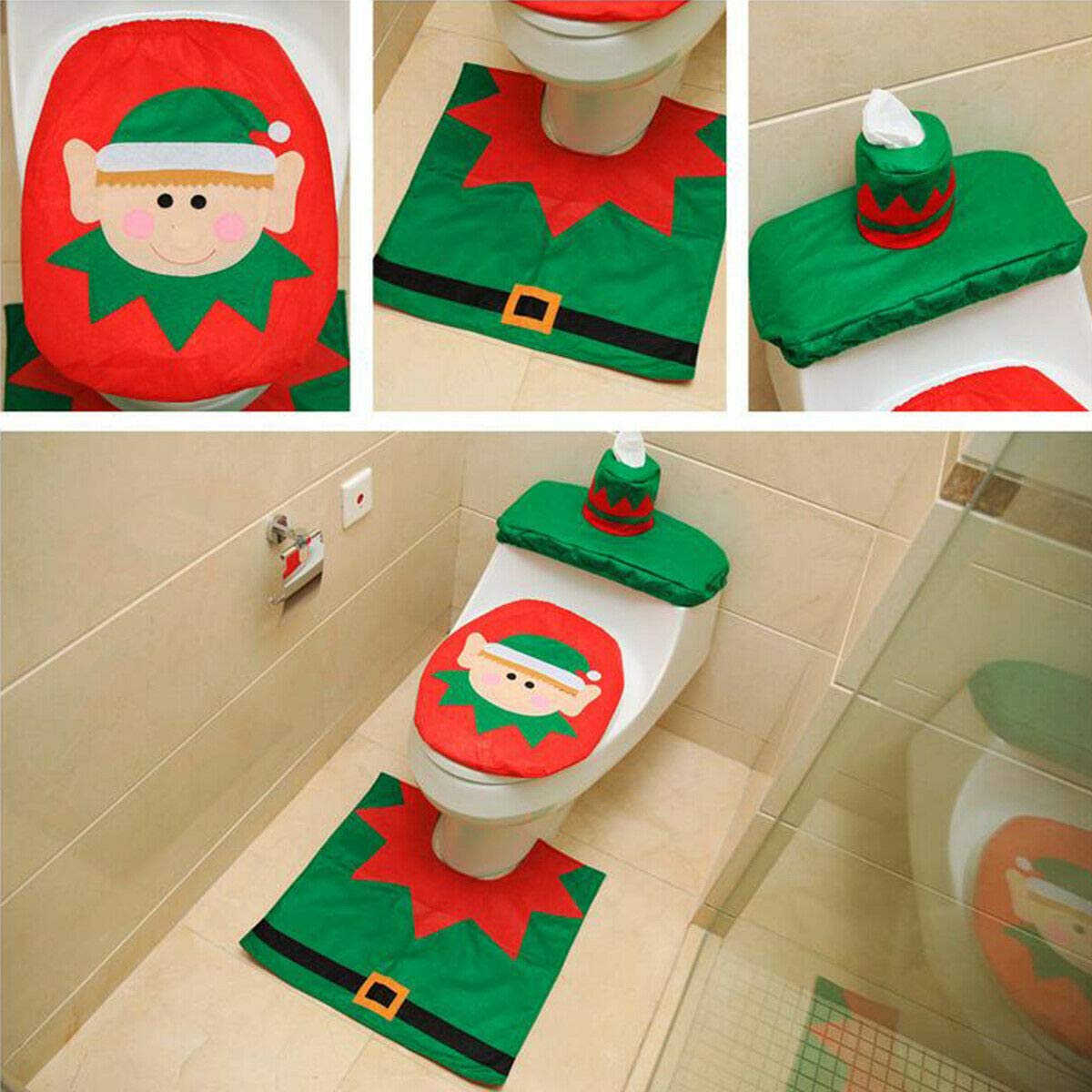 SHATCHI Christmas Elf Toilet Seat Cover and Mat Bathroom Set Festive Xmas Novelty Home Decor Party Accessories 3pcs, Green