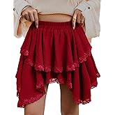 Flowy Skirts for Women Summer Ruffled Pleated Mini Skirts High Low Lace Hem Tiered Skater Skirt Casual Cute Y2k Skorts