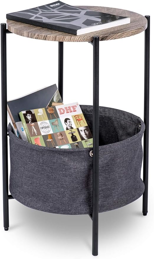 Amazon Com Round End Side Table With Fabric Storage Basket Kealive Industrial Coffee Table Nightstand With Metal Frame Easy Assembly And Durability Charming Grey Kitchen Dining