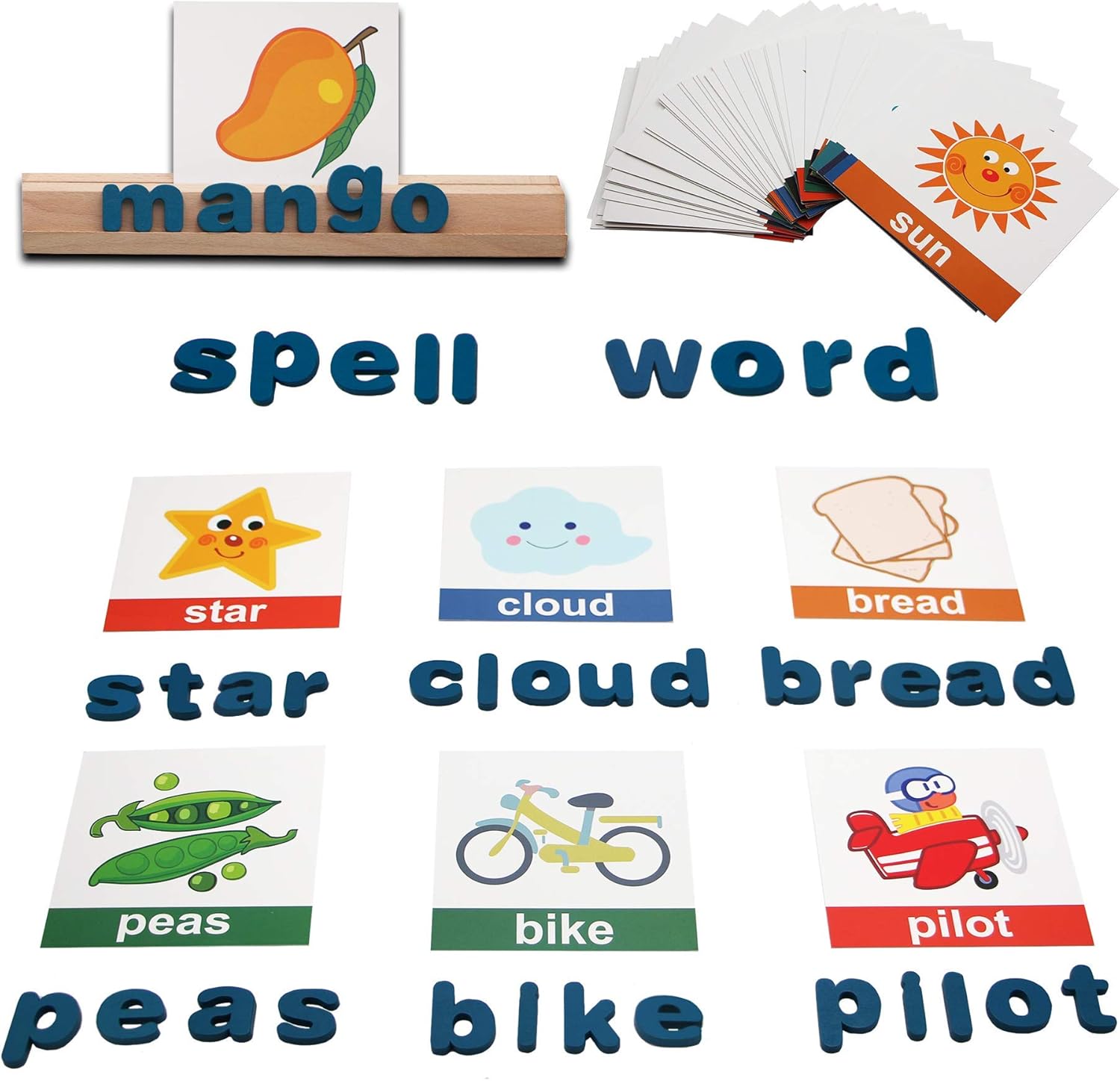 Conzy Educational Toys Gifts for Kids 3 4 5-7 Year Old, Preschool Toy for Learning Spelling Activities, Montessori Toys for Toddlers Boys Girls (78 Wooden Letters, 50 Picture Word Cards)