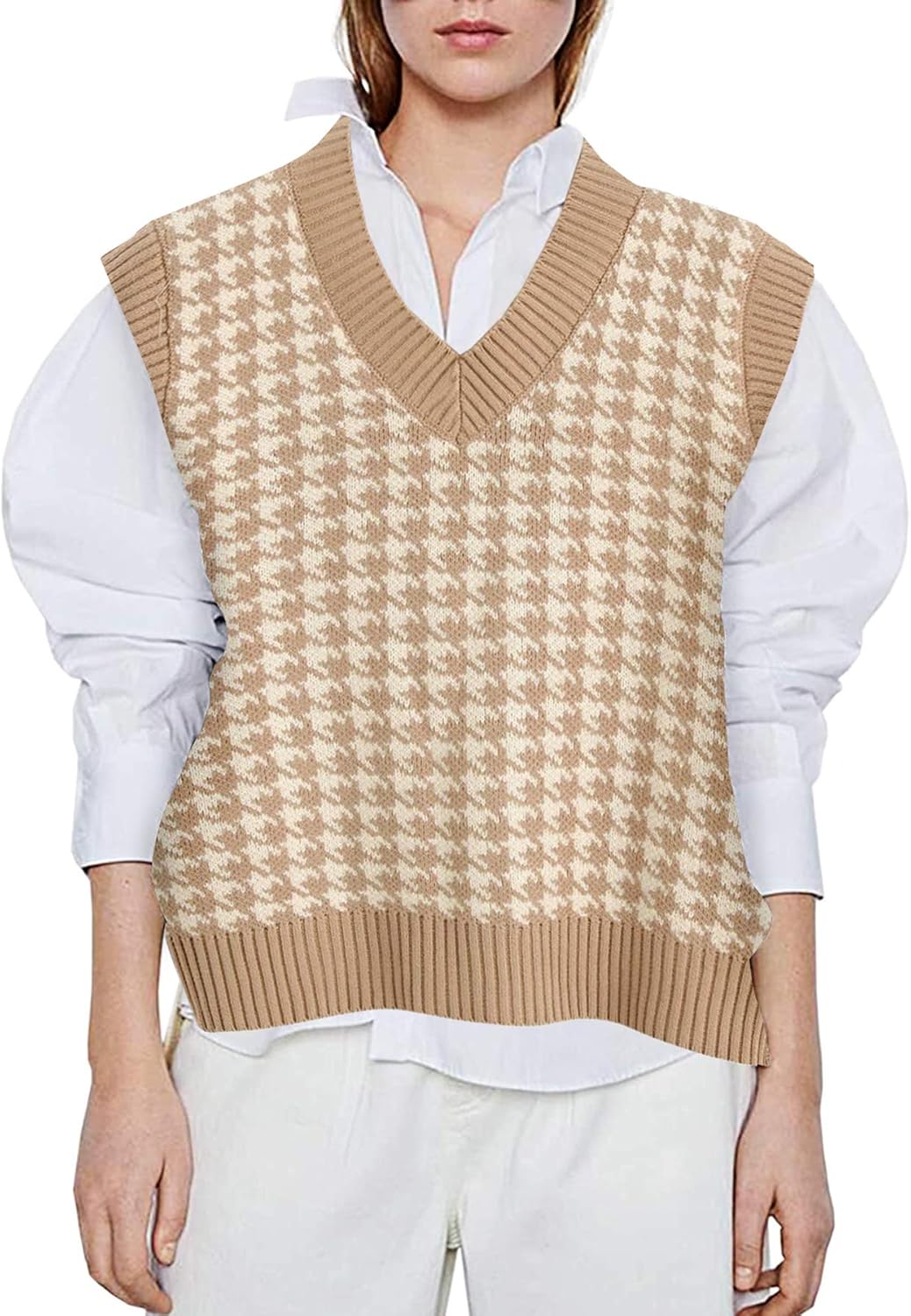 Oversized Houndstooth Knitted Women Sweater Vest V Neck Vintage Pullover Tank Tops at  Women’s Clothing store