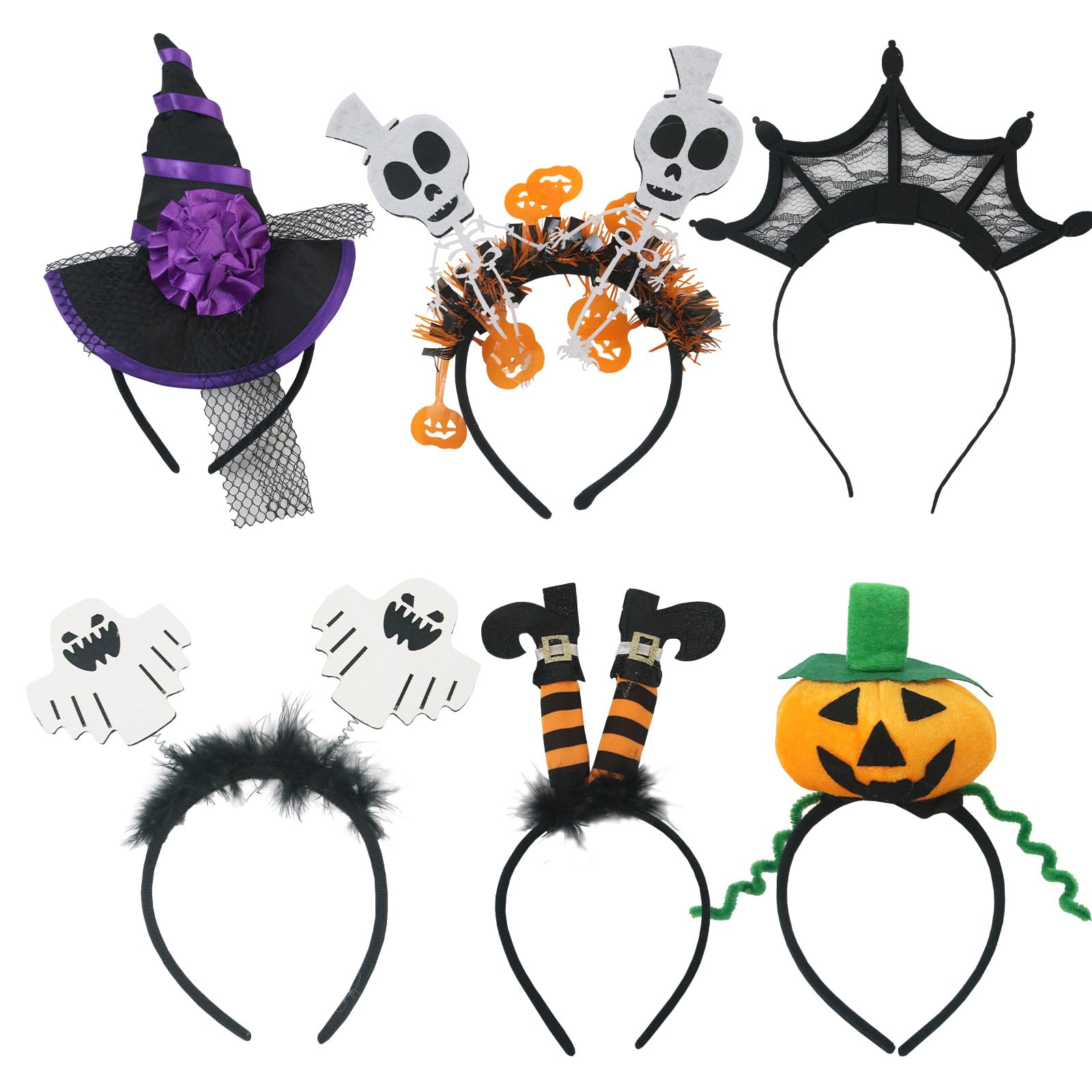 MAINOSHY 6PCS Halloween Headbands Hair Hoop Pumpkin Witch Hat Skeleton Ghost Halloween Element Headbands Fancy Dress Hair Bands for Adult Halloween Fancy Dress