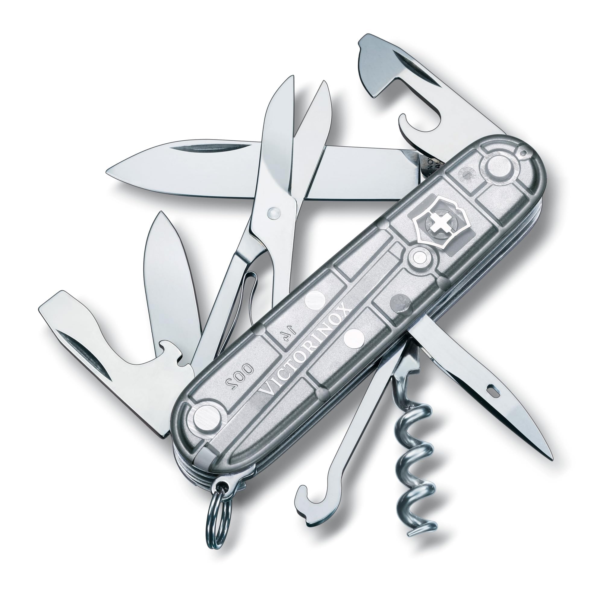 Victorinox Climber Swiss Army Pocket Knife, Medium, Multi Tool, 14 Functions, Blade, Bottle Opener, Silver Transparent