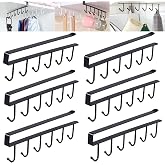 xlehoely 6PCS Mug Hooks Under Cabinet,Mug Holder Under Shelf with 6 Hooks | Coffee Cups Holder Hanger for Kitchen Utensils,Fit for 0.95 inch Thickness or Less,Drilling Free (Black)