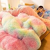 AETVRNI Luxury Thick Fluffy Faux Fur Comforter Queen Size, Big Heavy Winter Warm Comforter Set, Ultra Soft Thick Blanket All Season Plush Shaggy Bedding 1 Piece,Rainbow,Queen