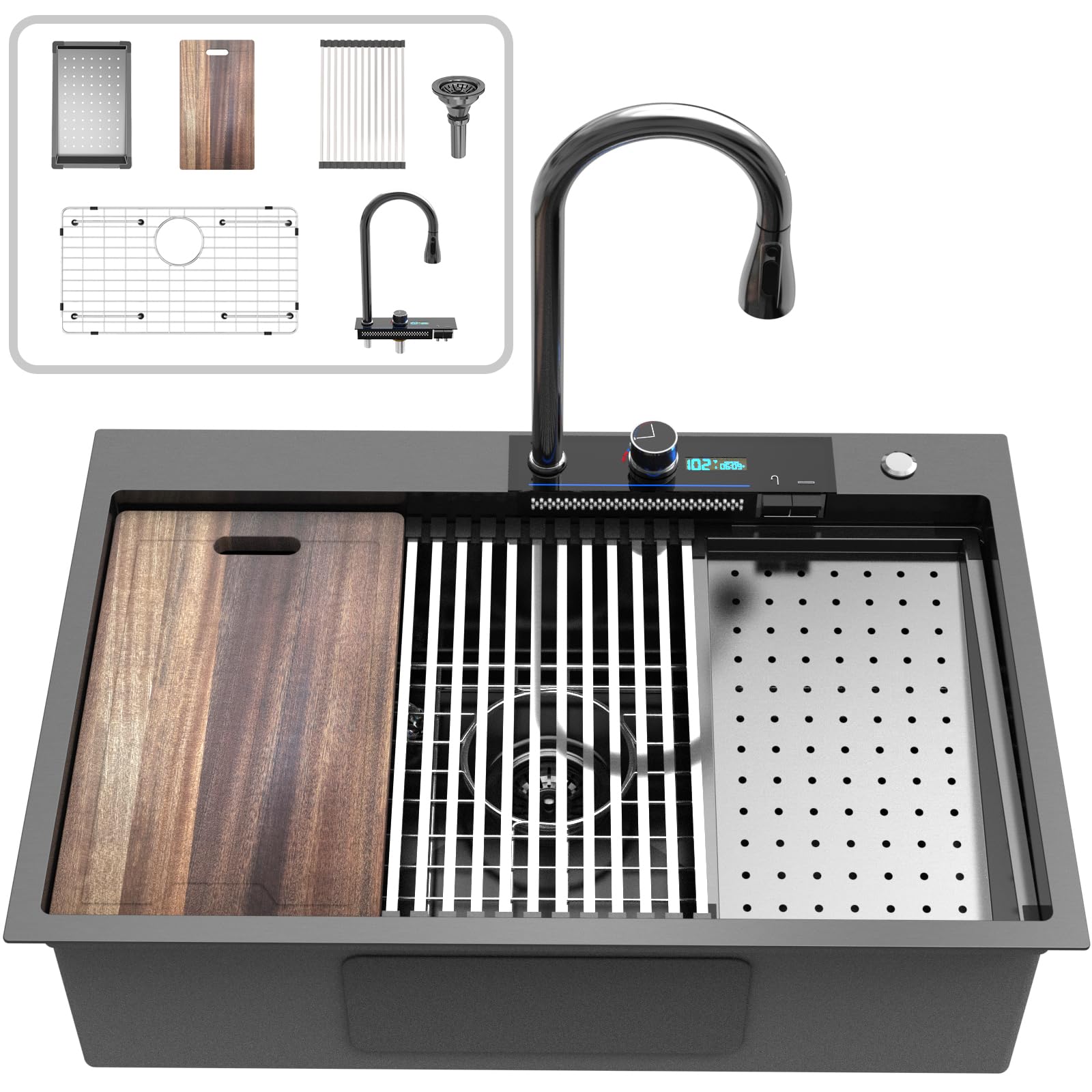 33x22 inch Black Waterfall kitchen Sink Drop In