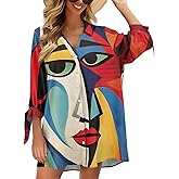 Zhangruoheng Oil Painting Printed Dress Cover Up Women's Summer Oversize Button Down 3/4 Sleeve Beach Shirt Dress