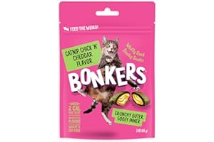 BONKERS Cat Bites, Crunchy & Soft Chick N' Cheddar Flavor Treats, Low Calorie, Training or Food Topper, 3 OZ Resealable Bag for All Breeds and Ages