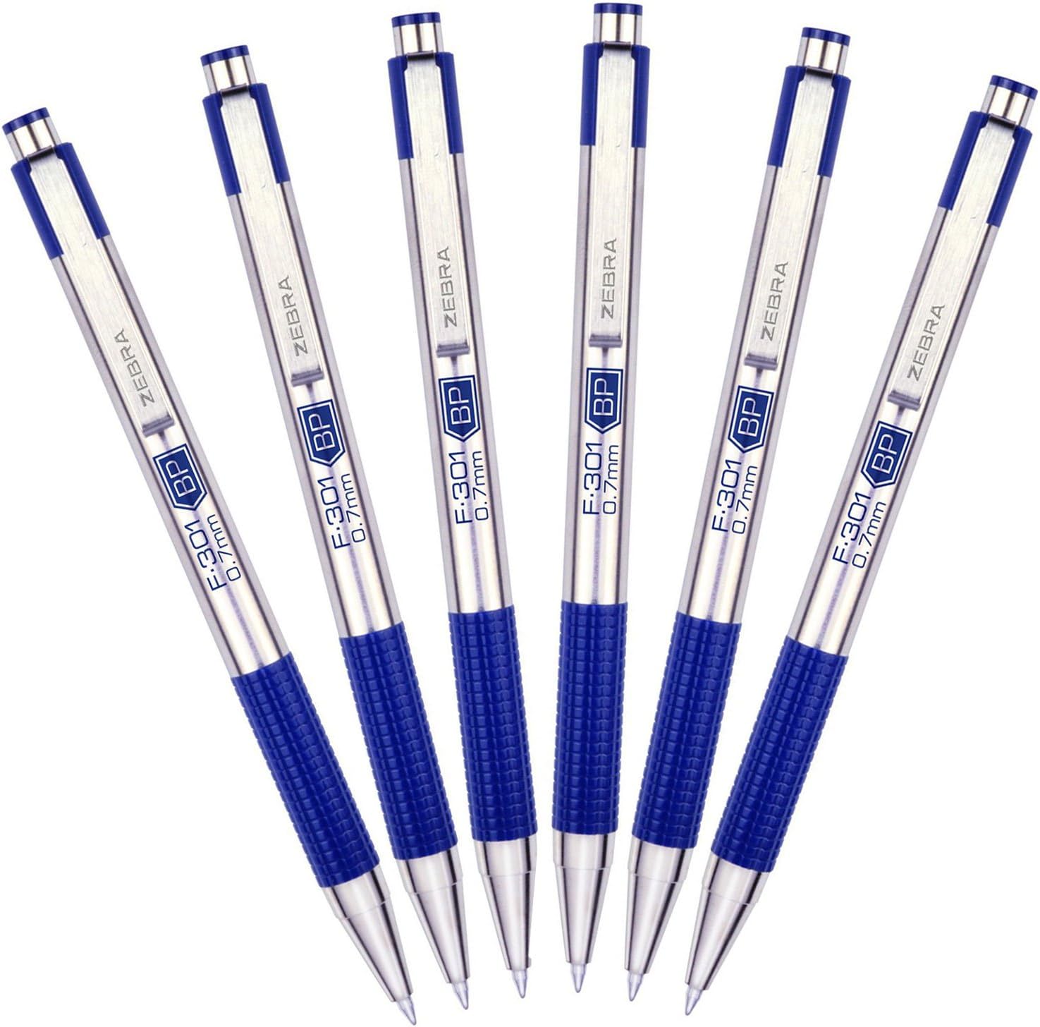 Amazon Com Zebra F 301 Stainless Steel Retractable Ballpoint Pen 0 7mm Blue 6 Pack 271 Office Products