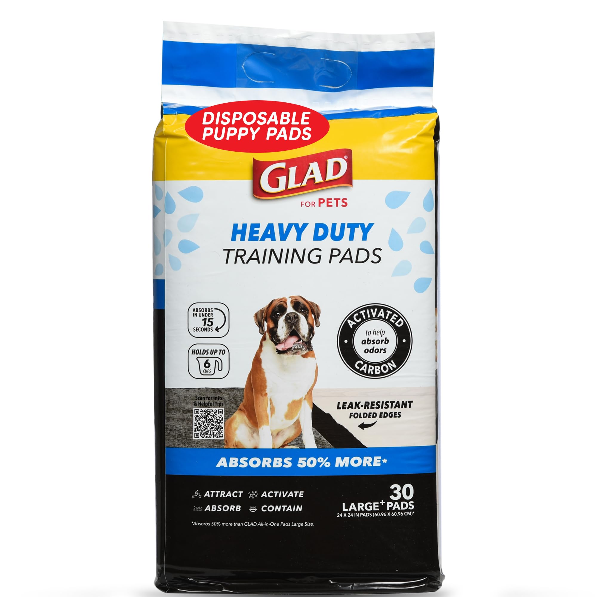 Photo 1 of Glad for Pets XL Heavy Duty Activated Carbon Puppy Essentials Training Pads - Zero Odor, Ultra Absorbent Pads for Puppy Potty Training, Indoor Dog Potty, Pee Pads for Dogs, 24" x 24", 30 Count