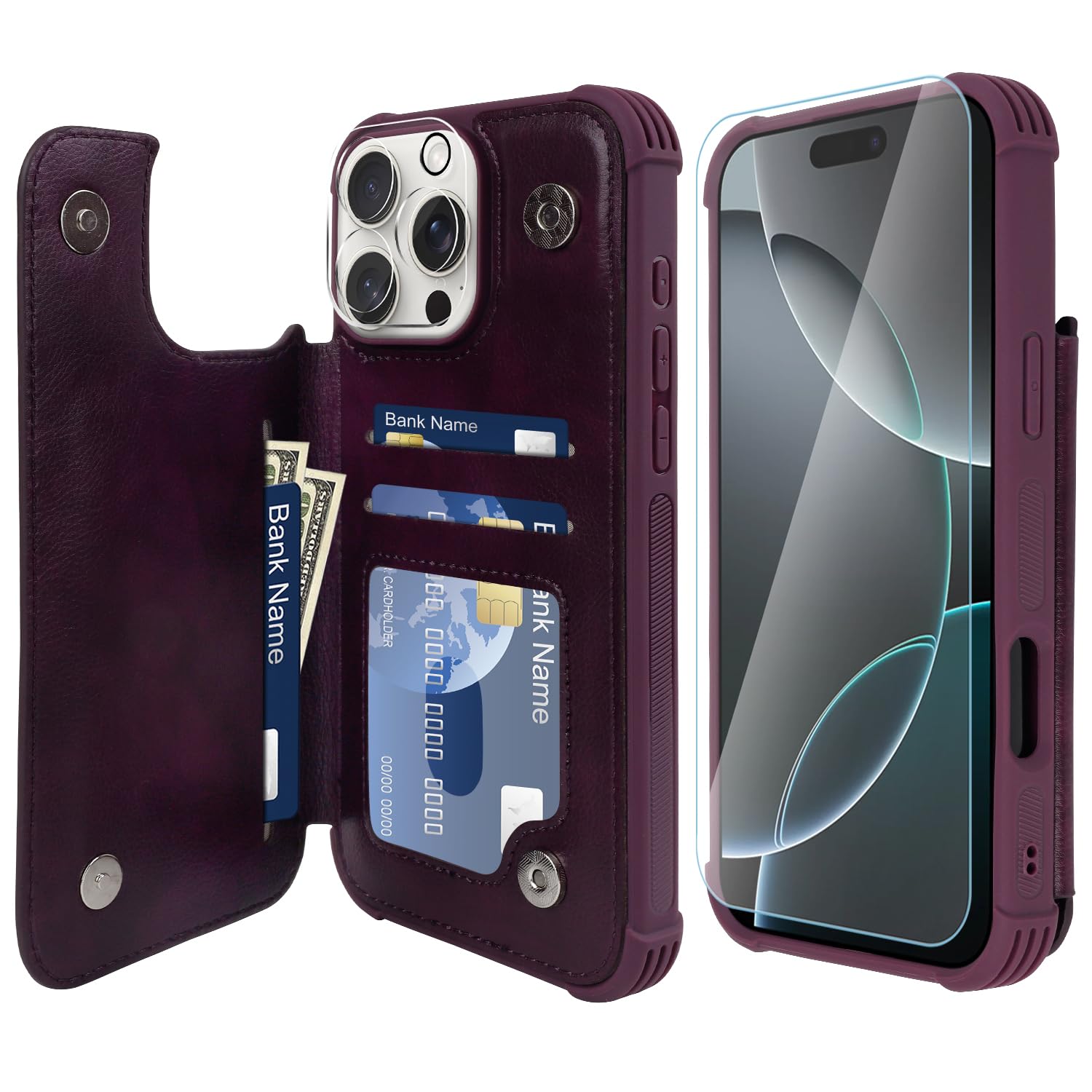 VANAVAGY Compatible for iPhone 16 Pro Max Wallet Casewith Credit Card Holder,Rfid Leather Flip Folio Phone Cover Fits Magnetic Car Mount & Stand with Screen Camera Protector,Purple