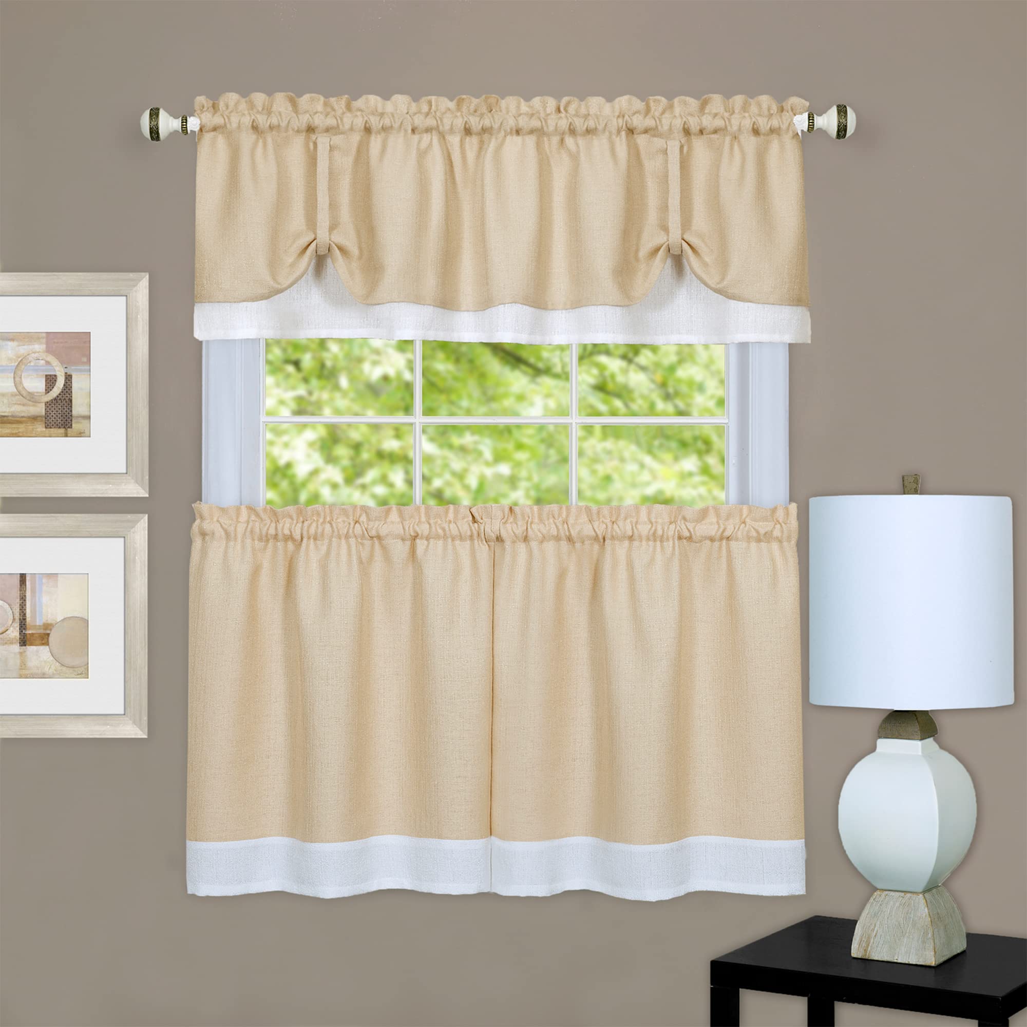 Achim Home Furnishings Soft Window Set, Polyester, Tan/White, Tier Pair 58" x 24" with 14" Valance