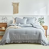 Grey Ruffled Comforter Set Twin Size, 3 Pieces (1 Ruffled Comforter and 2 Pillowcases) Farmhouse Shabby Chic Style with 2 Layers Ruffle, Solid Color Lightweight Soft Fluffy Bedding Sets for Kids