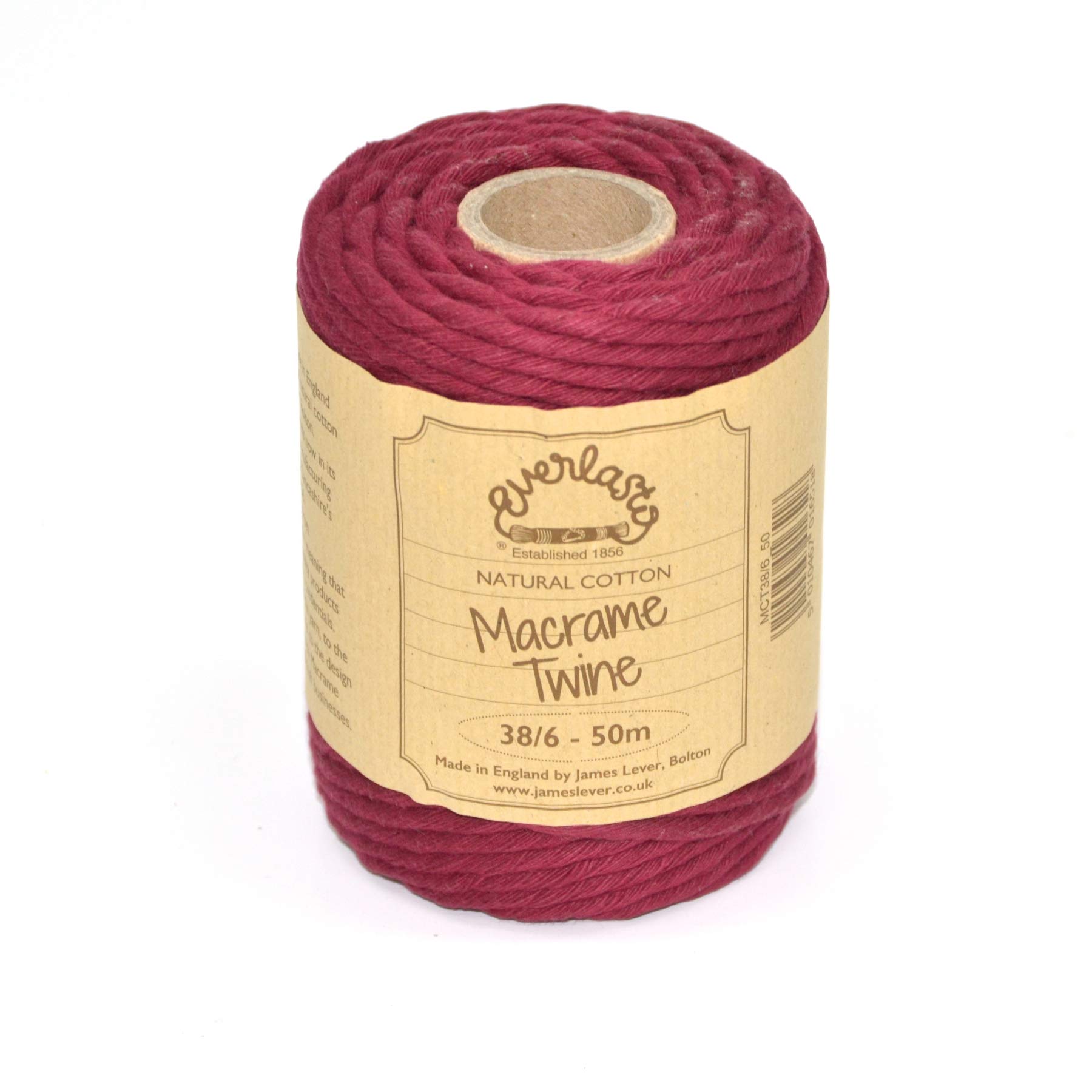 50M Spools - Everlasto Single Twist Soft Cotton Coloured Macrame Craft Twine 38/6 (4mm approx) (Burgundy)