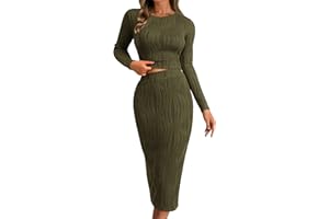 dowerme Women's Fall 2 Piece Outfits Casual Long Sleeve Crewneck Crop Tops Knit High Waist Bodycon Slit Midi Skirt Sets