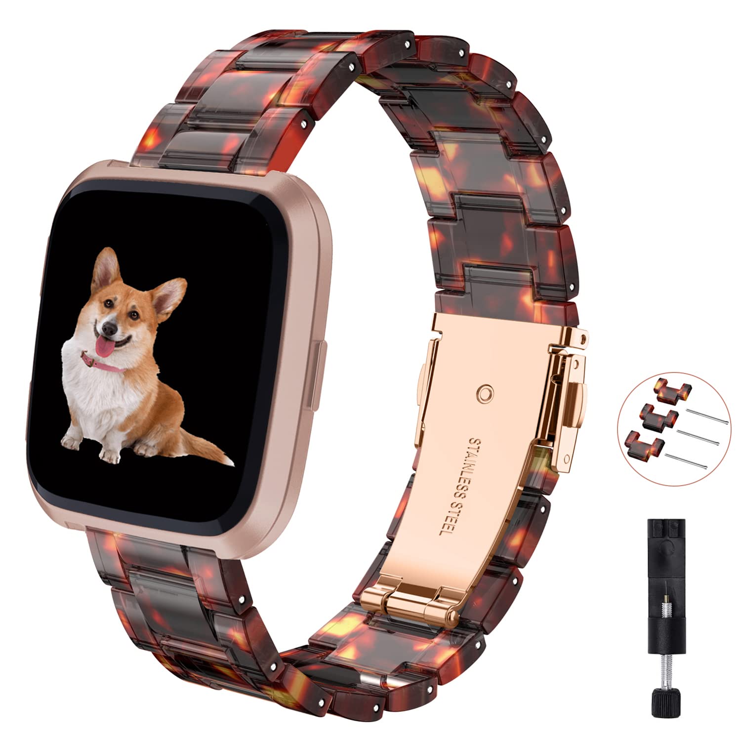 TOYOUTHS Resin Strap Compatible with Fitbit Versa/Versa 2/Versa Lite/Versa SE, Lightweight Bracelet Replacement Strap with Stainless Steel Quick Release Clasp Women Men, Tortoise — image 1