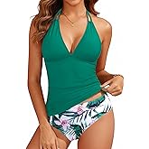 Yonique Womens Two Piece Swimsuits Tummy Control Tankini Plus Size Bathing Suit Halter V Neck Swimwear