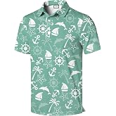 COOLLYME Men's Hawaiian Print Polo Shirt, Short Sleeve Casual Polo Top, Tropical Vacation Party Style