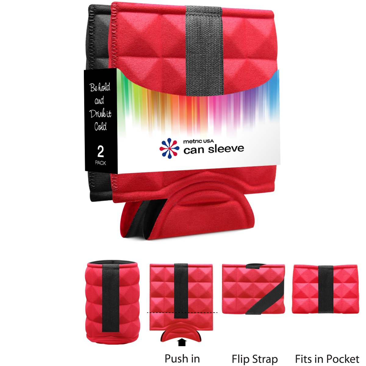Metric USA Beer Can Sleeves for Ice cold Beers INNOVATIVE Reversible, Double Sided Design - Set of 2 Collapsible Soft Drink Can Insulator Coolers, Premium Quality & colors (Red, Black, Purple, Blue)