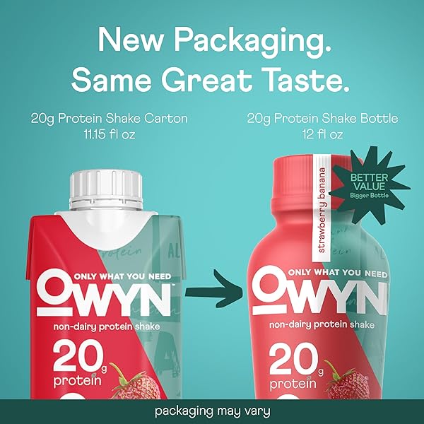 OWYN ONLY WHAT YOU NEED STRAWBERRY BANANA FLAVORED PROTEIN SHAKE LIQUID, 20G PROTEIN, 4G SUGAR, 3G FIBER, DAIRY-FREE, PLANT-BASED PROTEIN DRINK, 12 COUNT