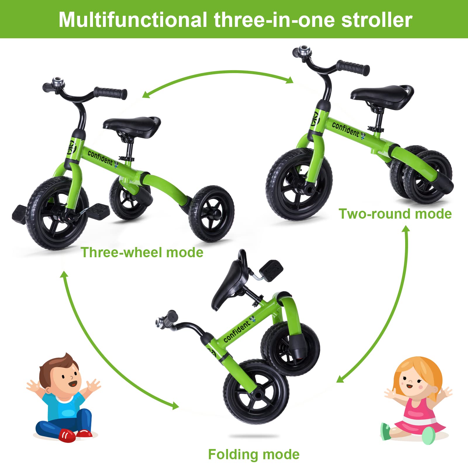 Ancaixin 3 in 1 Toddler Tricycles for 2-5 Years Old Boys and Girls with Adjustable Seat Detachable Pedal and Bell, Foldable Baby Balance Bike Riding Toys for Kids, Child Birthday Gift Green