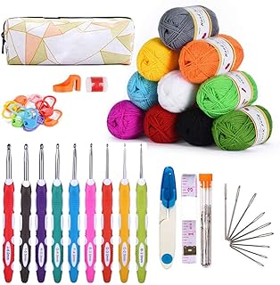 KOHMUI Häkelhaken und Häkelgarn Set, Bunte Ergonomische Soft Gummi HäKelnadeln mit tragbaren Tasche, 10 Farben Acryl Wolle für Häkeln und Kunsthandwerk
