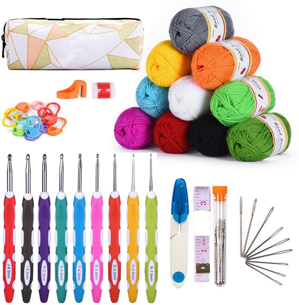 KOHMUI Häkelhaken und Häkelgarn Set, Bunte Ergonomische Soft Gummi HäKelnadeln mit tragbaren Tasche, 10 Farben Acryl Wolle für Häkeln und Kunsthandwerk