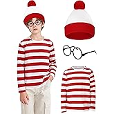 Oiziuzio Red & White Striped Long Sleeve Shirt 3Pcs Set Classic Striped Top with Hat Glasses Funny Halloween Cosplay Outfit