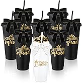 Jingmore 8 Set Birthday Party Glitter Tumblers 24 oz Birthday Squad Queen Plastic Tumblers with Lid Straw and Twist Bow for Squad Party Favor Decorations for Women(White,Black)