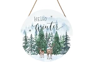 HAROONI Winter Welcome Sign for Front Door Decor Farmhouse Winter Pine Trees Wood Door Hanger for Outdoor Outside Porch Rustic Hello Winter Round Hanging Sign for Home Front Porch Wall Decoration 12”x12”