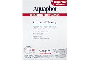 Aquaphor Repairing Foot Masks, Moisturizing Socks for Dry Feet, Hydrating Foot Care Treatment with Avocado Oil and Shea Butter, Pack of 6