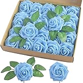 homEdge Artificial Rose, 25pcs Foam Artificial Flowers with Stem for Home Decorations, Wedding Bouquets, Party, Certerpieces, Anniversaries-Aqua Blue