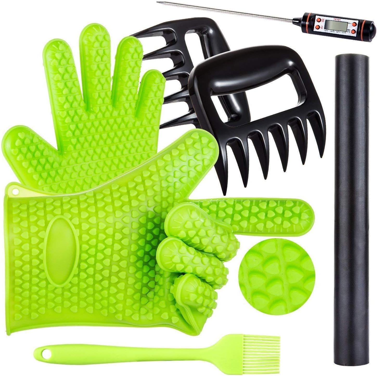 Targher BBQ Grill Oven/Cooking Gloves-Meat Claws Set 5 in 1 BBQ Set with Silicone Gloves,Bear Claws, Meat Thermometer, Silicone Basting Brush, Non-Stick BBQ Baking Mat - for Indoor & Outdoor Cooking