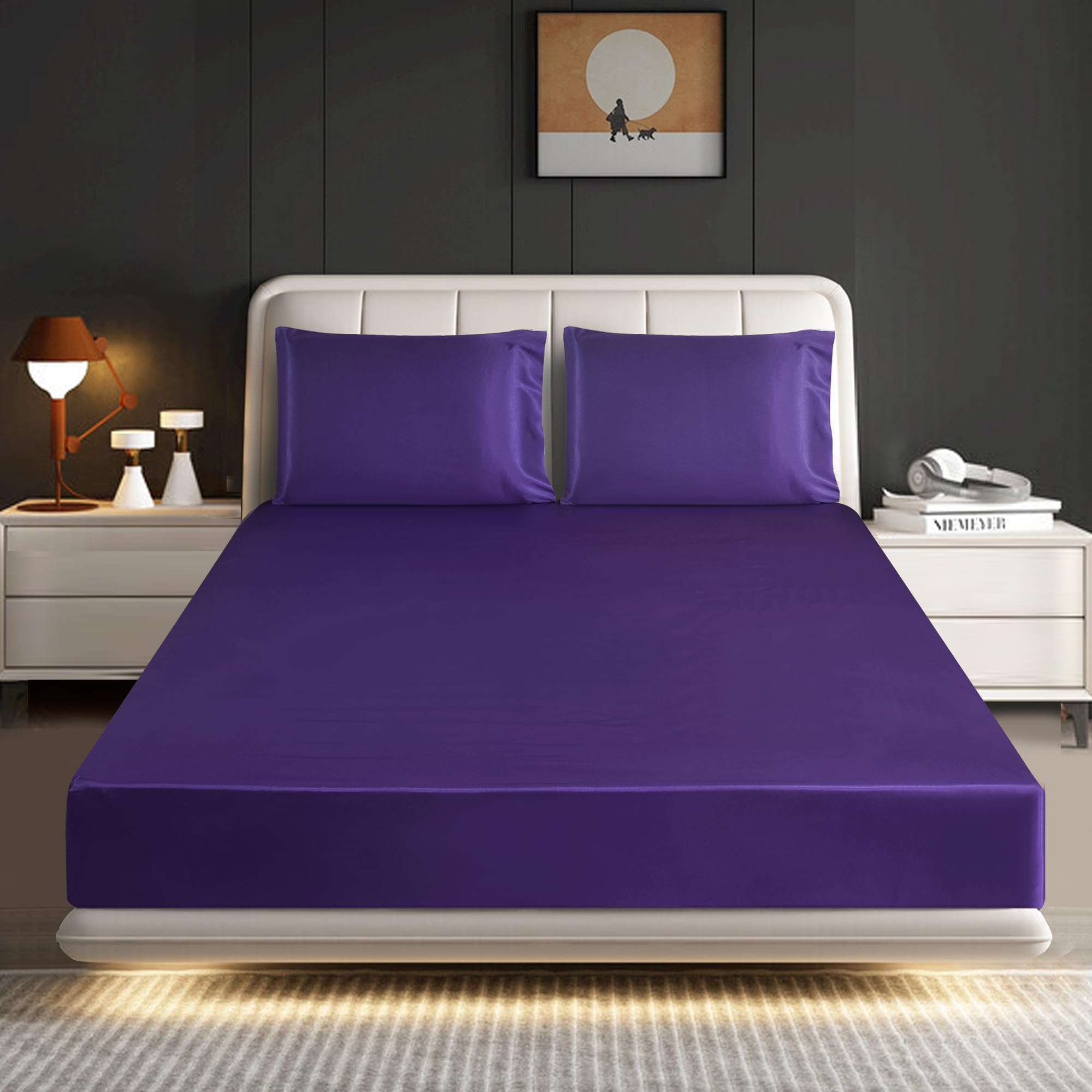 ROOEE Satin Silk Fitted Sheet with Pillowcase Set Breathable Soft Bedding Brushed Fabric Wrinkle, Shrinkage and Fade Resistant Bottom Bed Sheets (AUBERGINE, Single)