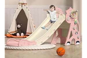 SEPHYROTH Kids Slide for Toddler - 4 in 1 Indoor Plastic Freestanding Slide Outdoor Playground Climber Slide Playset with Basketball Hoop & Ring Game (Unicorns-Pink)