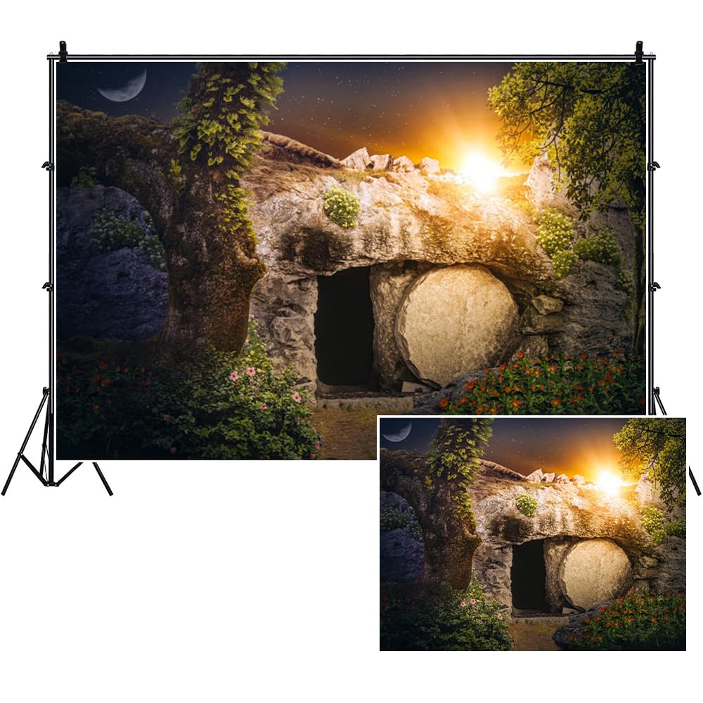 SDOTPMT 10x7ft Empty Stone Tomb Polyester Backdrop Crucifixion of Jesus Christ Holy Lights Cross Photography Background God Bless Jesus Christian Pray Adults Art Portraits Photo Props