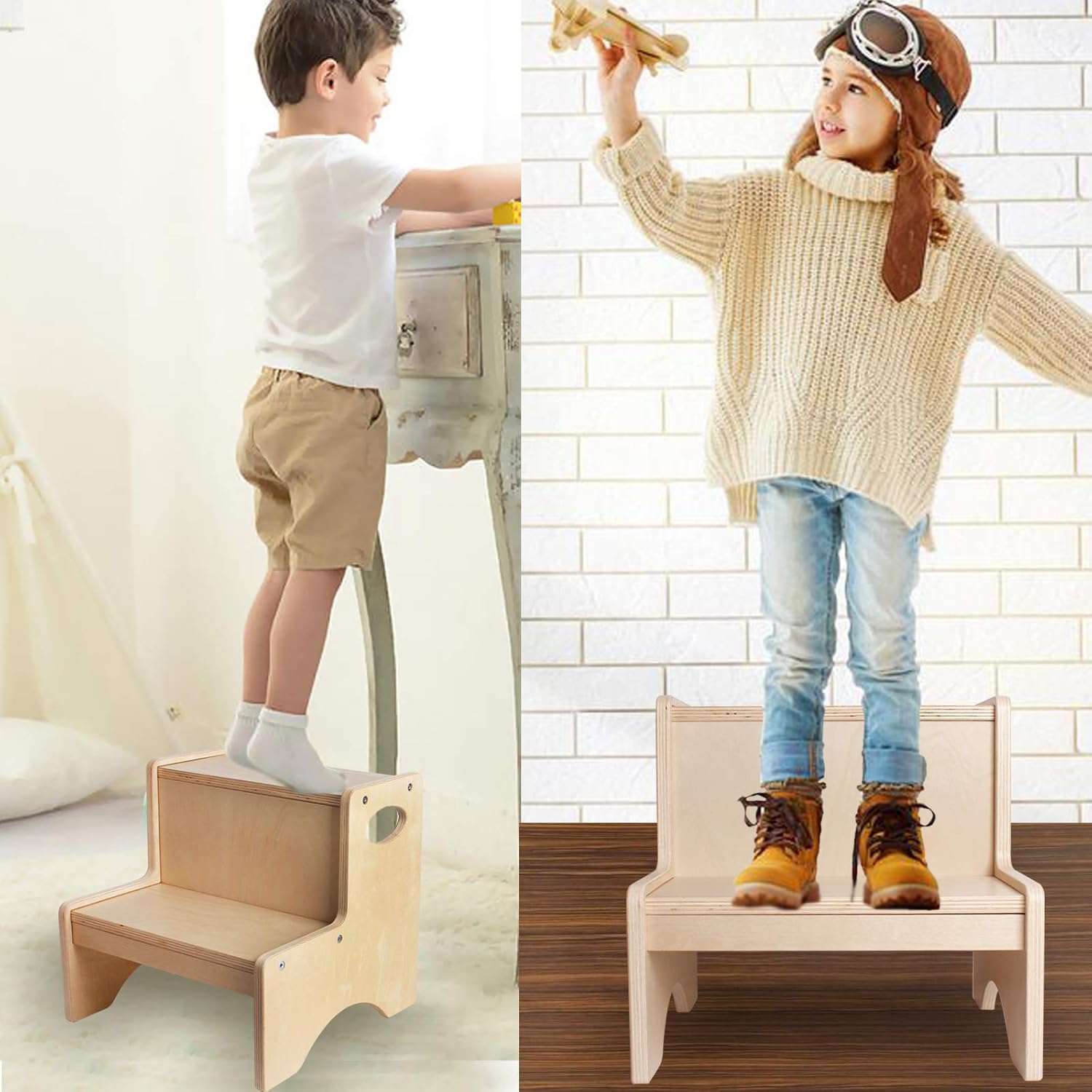 Wooden Log Toddler Step Stool for Kids Adults Footstool Slip Resistant Proof with Portable Handle Washroom Toilets Lavatory Kitchen Washing Hands Fetching Reach High Potty Training : Baby