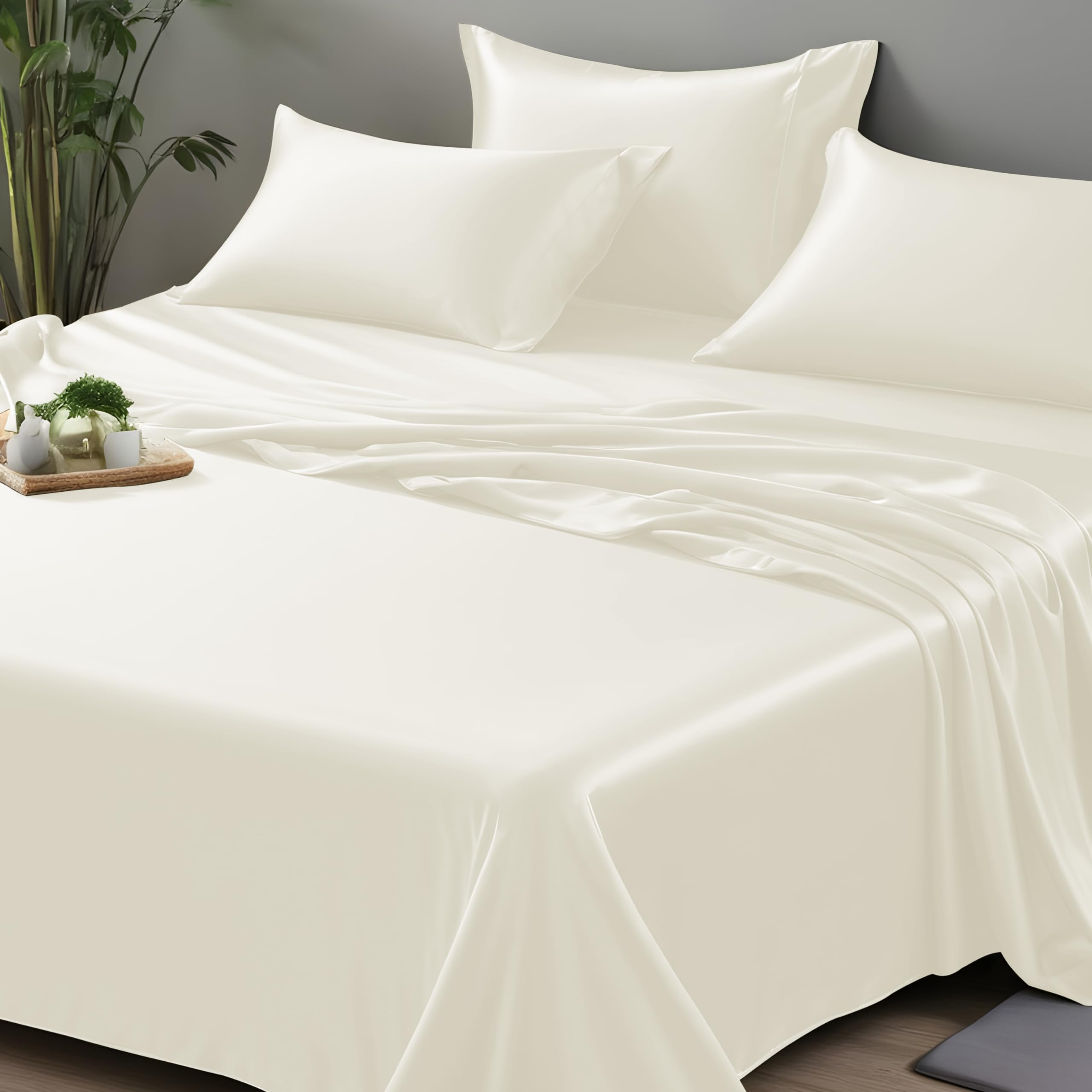 LINENWALAS Organic Vegan Bamboo Flat Sheet Only, Softest, Silky Cool Bamboo Bedding Only Flat Bed Sheet SuperKing Size Luxury Flat Sheet Perfect for Skin (120x108 Inches, Ivory/Off-White)