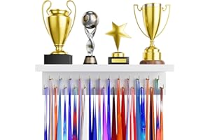 DSVENROLY Medal Holder Display Trophy Shelf Organizer, Sturdy Wooden Race Award Hanger Rack with 25 Steel Hooks, Wall Mount Storage Stand for Sports Fans, Cheer Success