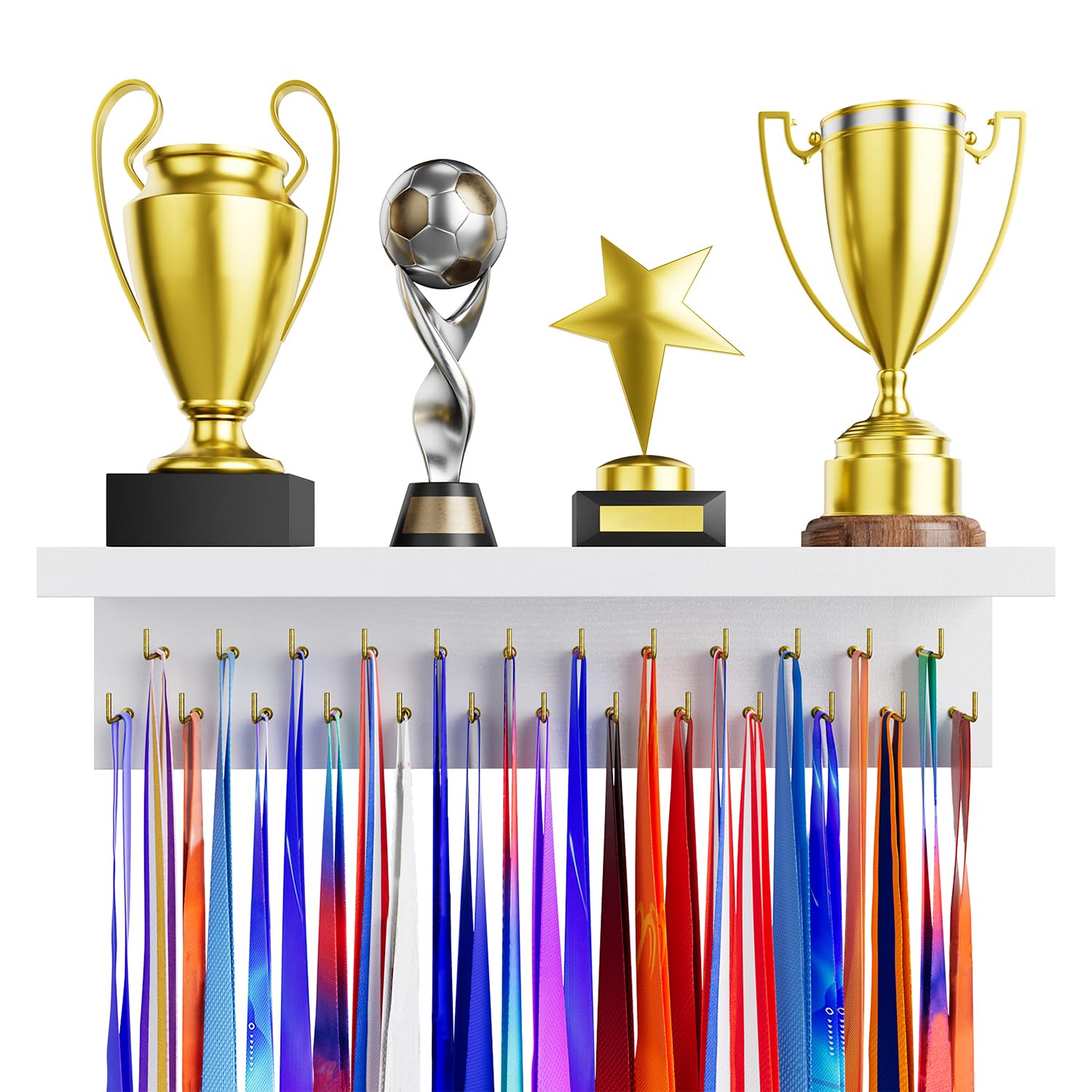 DSVENROLY Medal Holder Display Trophy Shelf Organizer, Sturdy Wooden Race Award Hanger Rack with 25 Steel Hooks, Wall Mount Storage Stand for Sports Fans, Cheer Success, White, Golden Pegs